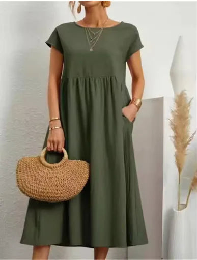 Solid Color Sleeveless Cotton-Linen Pocket Dress